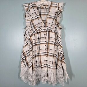 Pilcro Anthropologie Babydoll Mini Dress Women XS Neutral Plaid Boho Flowy Style